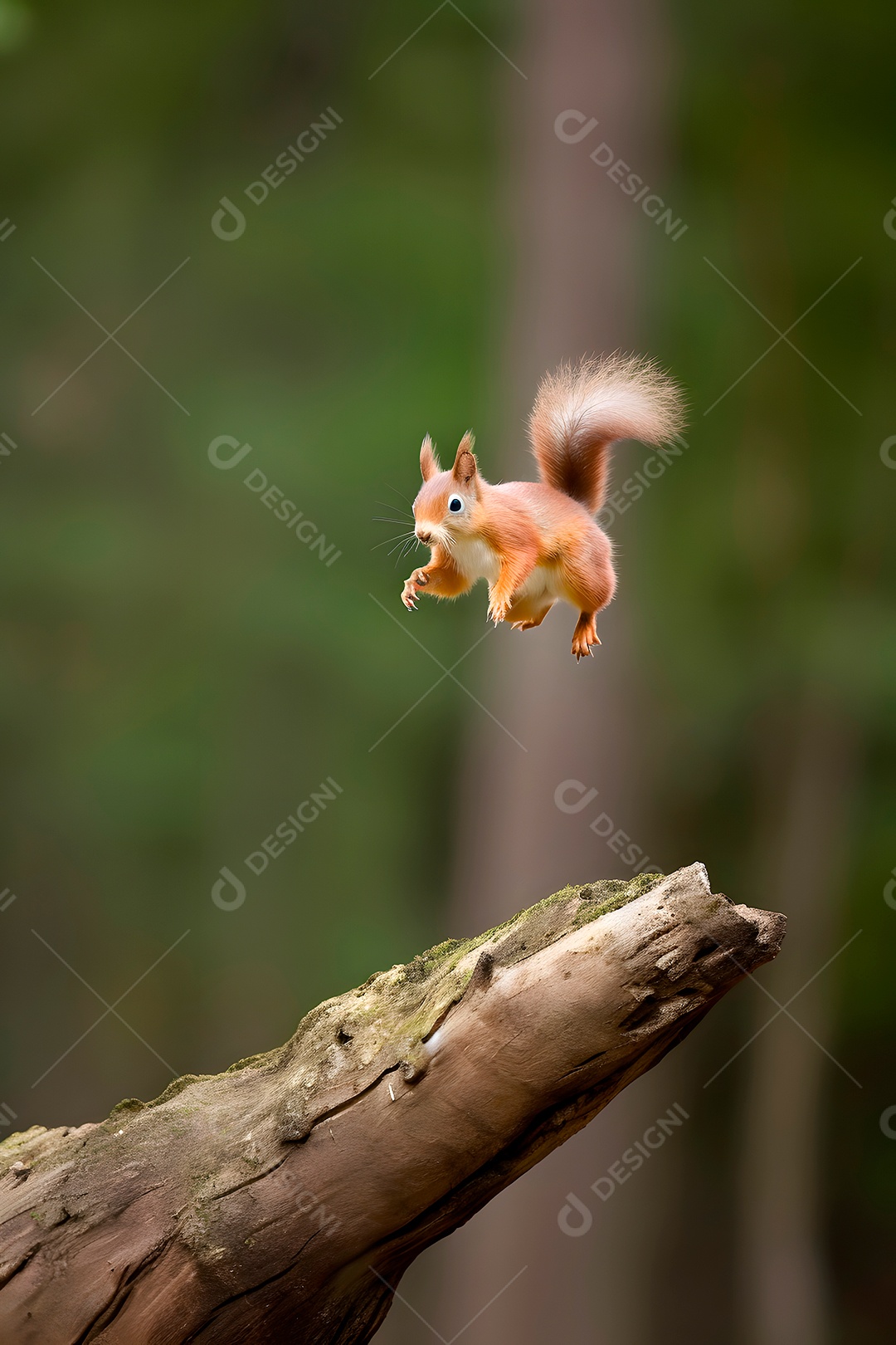 Esquilo pulando sobre fundo floresta
