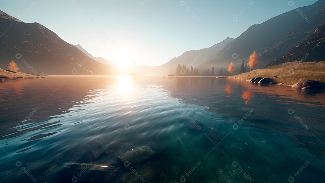Lago de montanha suíço com águas rasas e cristalinas ao nascer do sol de verão.