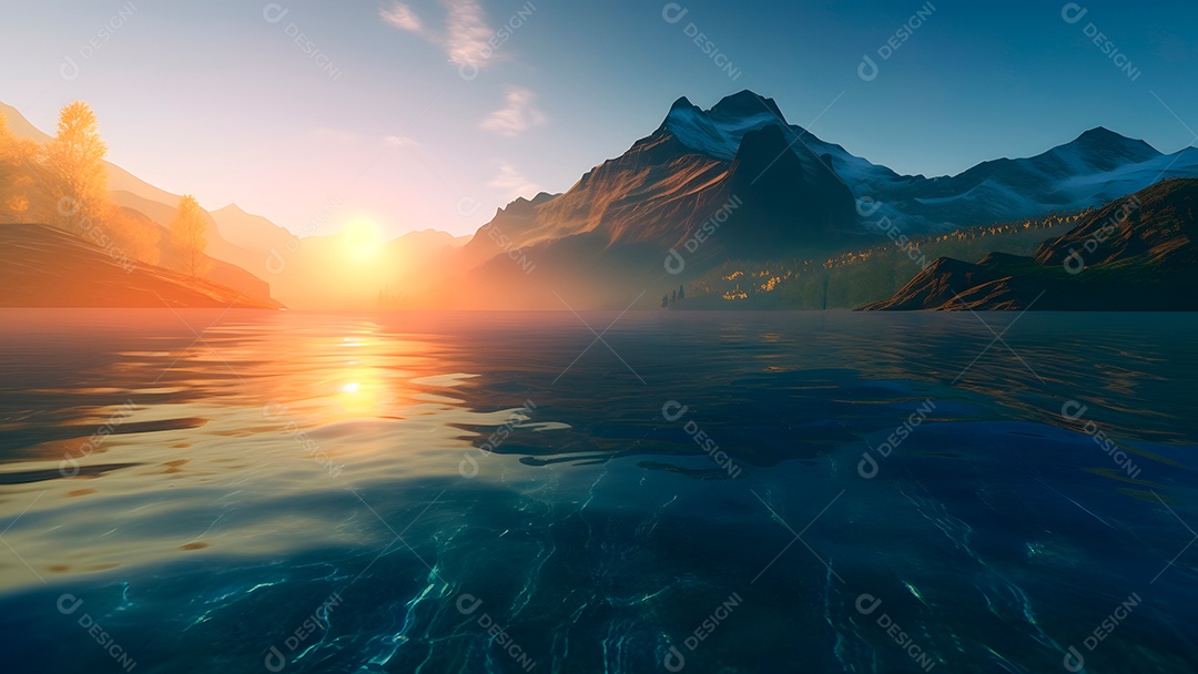 Lago de montanha suíço com águas rasas e cristalinas ao nascer do sol de verão.