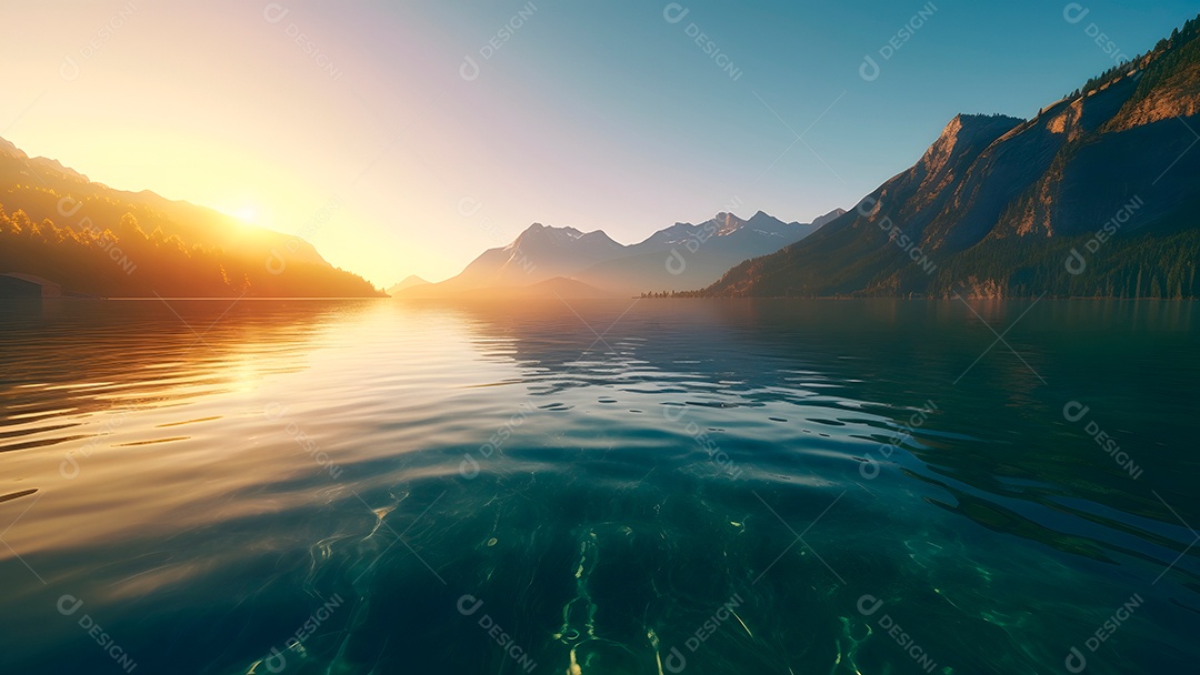 Lago de montanha suíço com águas rasas e cristalinas ao nascer do sol de verão.