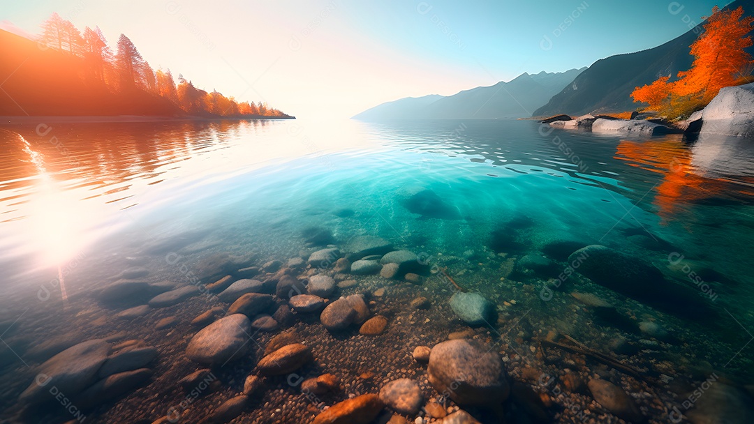 Lago de montanha suíço com águas rasas e cristalinas ao nascer do sol de verão.