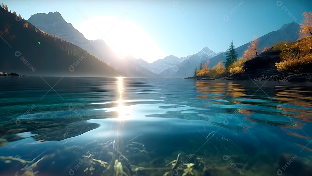 Lago de montanha suíço com águas rasas e cristalinas ao nascer do sol de verão.