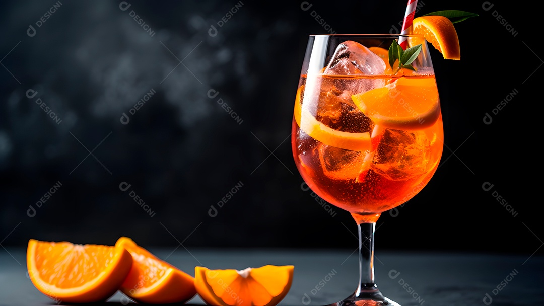 Aperitivo de coquetel com álcool e laranja, laranjas e gelo em copo com canudos.