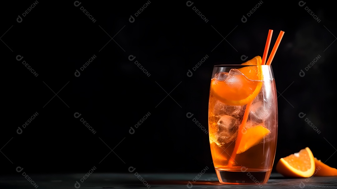 Aperitivo de coquetel com álcool e laranja, laranjas e gelo em copo com canudos.