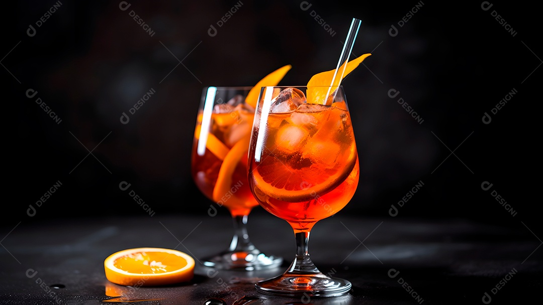 Aperitivo de coquetel com álcool e laranja, laranjas e gelo em copo com canudos.