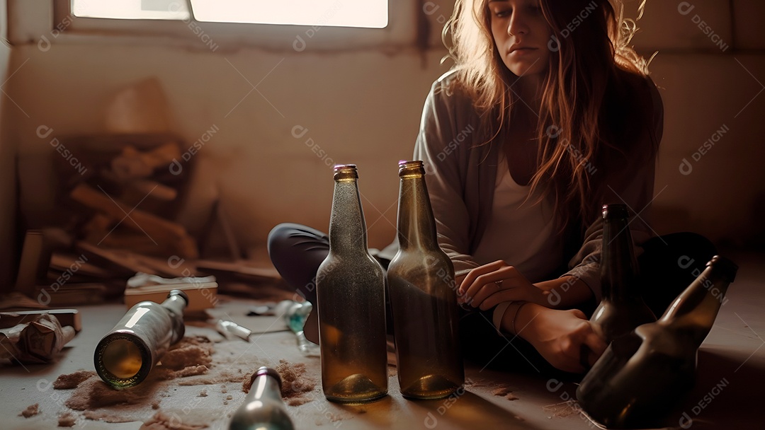 Mulher caucasiana sem-teto, invasora, cercada por garrafas vazias.