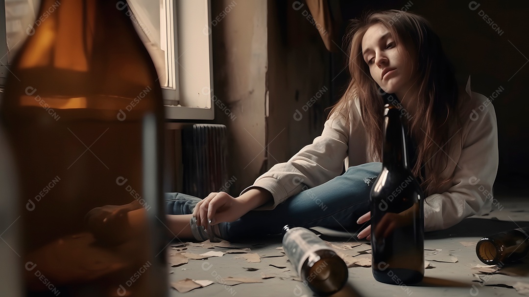 Mulher caucasiana sem-teto, invasora, cercada por garrafas vazias.