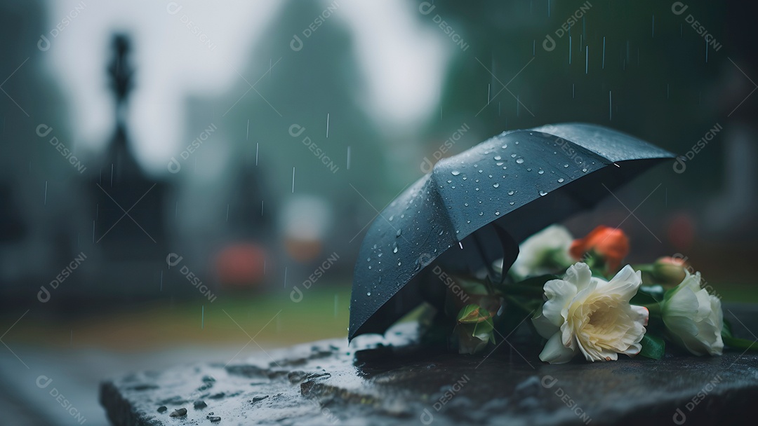 Flor encima de um túmulo sobre um cemitério ao fundo