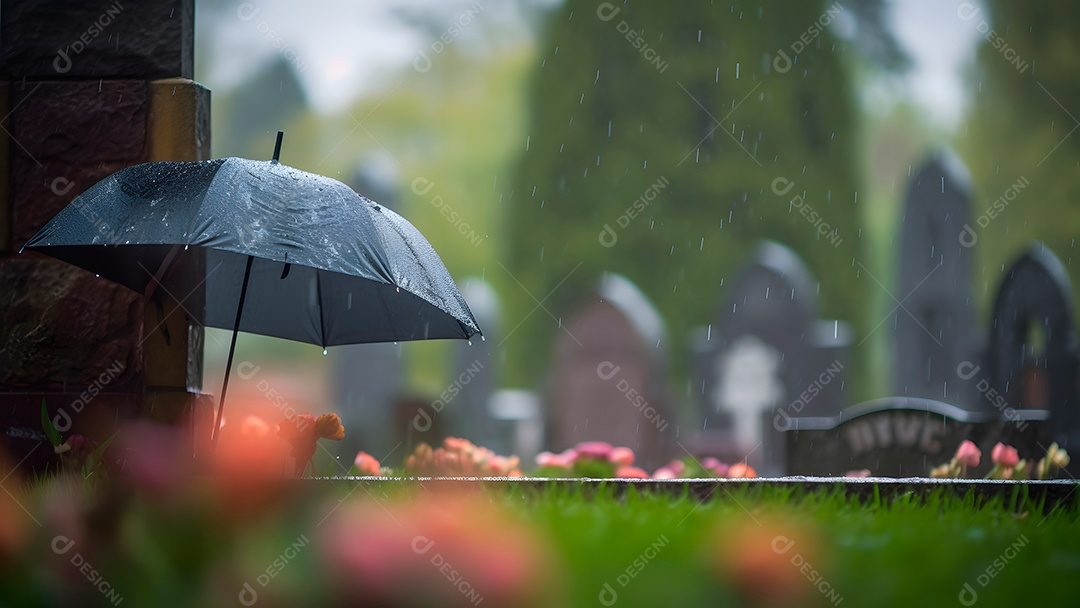 Flor encima de um túmulo sobre um cemitério ao fundo