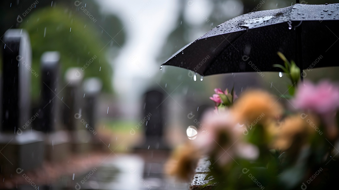 Flor encima de um túmulo sobre um cemitério ao fundo