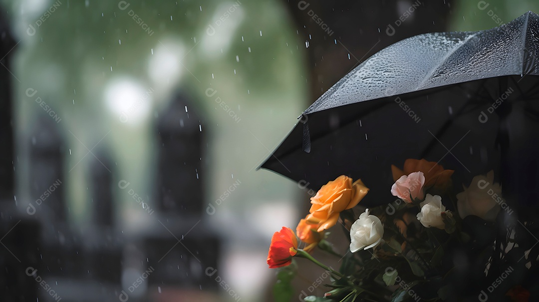 Flor encima de um túmulo sobre um cemitério ao fundo