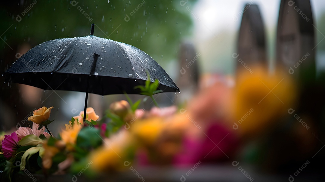 Flor encima de um túmulo sobre um cemitério ao fundo