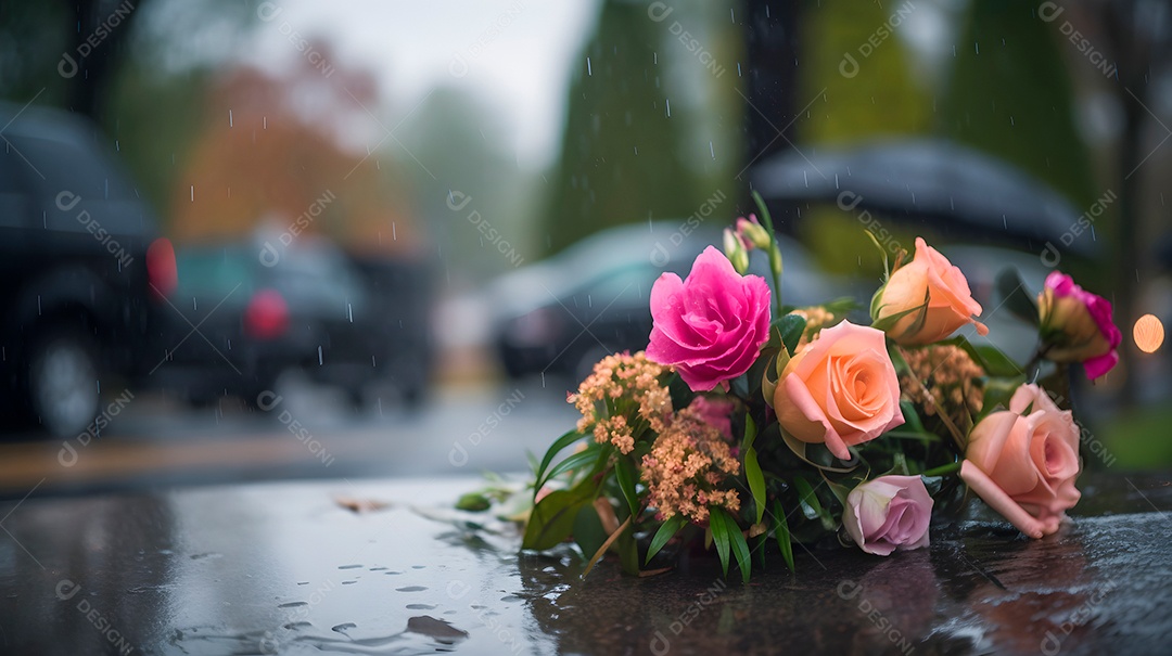Flor encima de um túmulo sobre um cemitério ao fundo