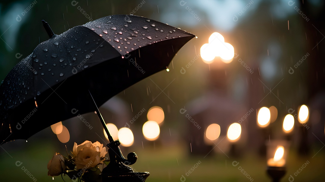 Flor encima de um túmulo sobre um cemitério ao fundo