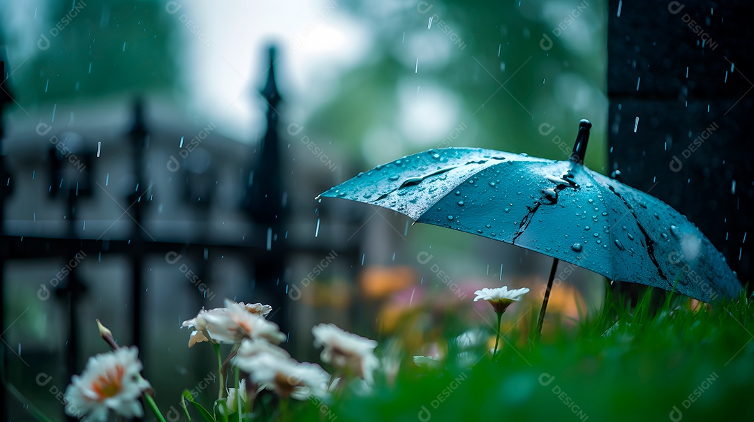 Flor encima de um túmulo sobre um cemitério ao fundo