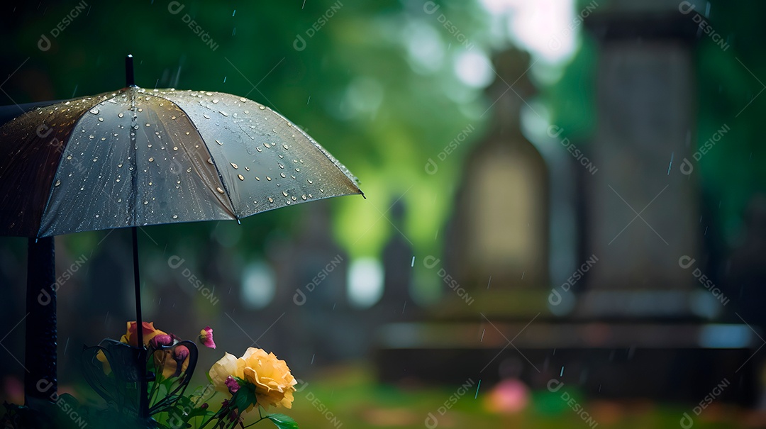 Flor encima de um túmulo sobre um cemitério ao fundo