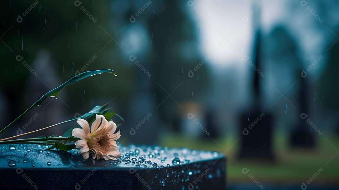 Flor encima de um túmulo sobre um cemitério ao fundo