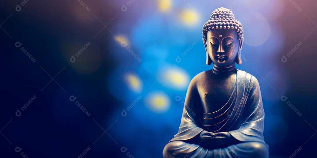 Buda em posição de lótus, pequena estátua em ambiente religioso escuro e pensativo com efeito bokehu