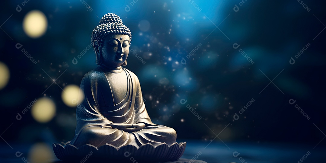 Buda em posição de lótus, pequena estátua em ambiente religioso escuro e pensativo com efeito bokehu