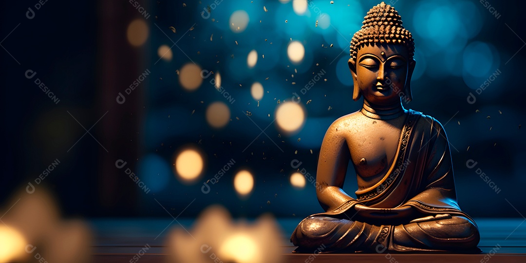 Buda em posição de lótus, pequena estátua em ambiente religioso escuro e pensativo com efeito bokehu