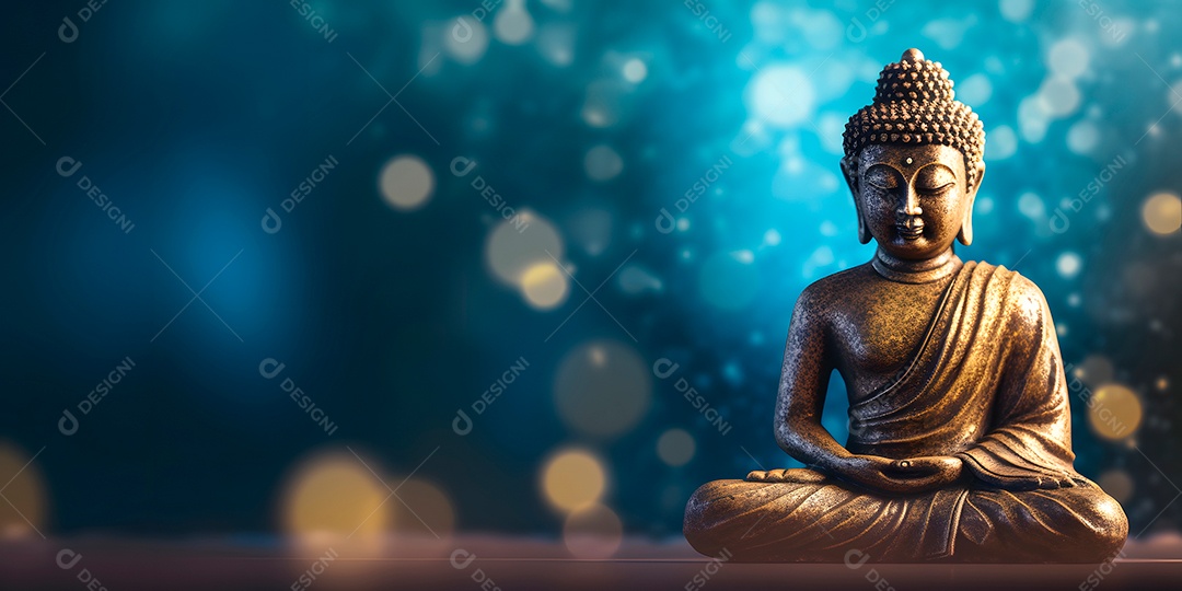 Buda em posição de lótus, pequena estátua em ambiente religioso escuro e pensativo com efeito bokehu