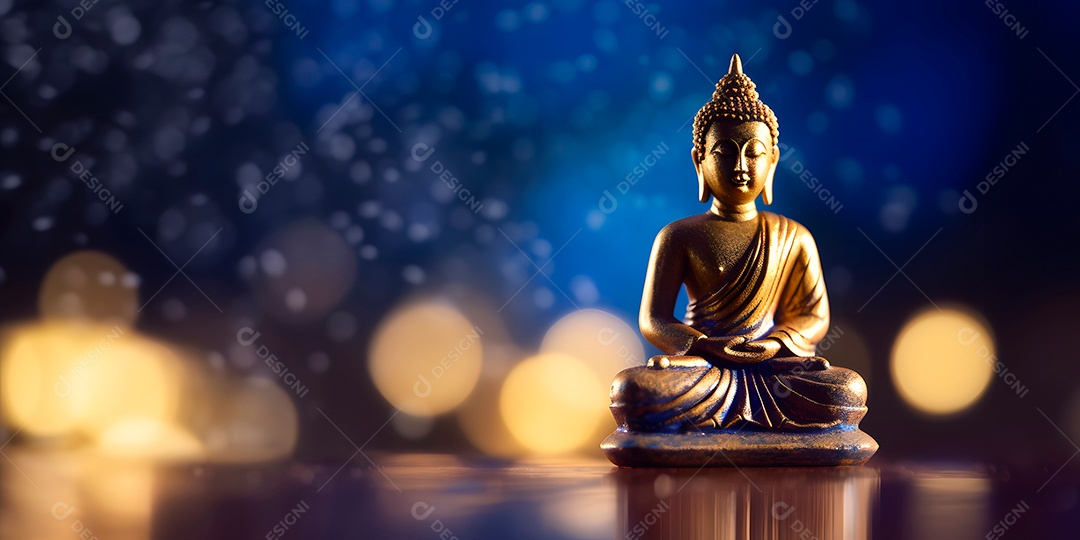 Buda em posição de lótus, pequena estátua em ambiente religioso escuro e pensativo com efeito bokehu