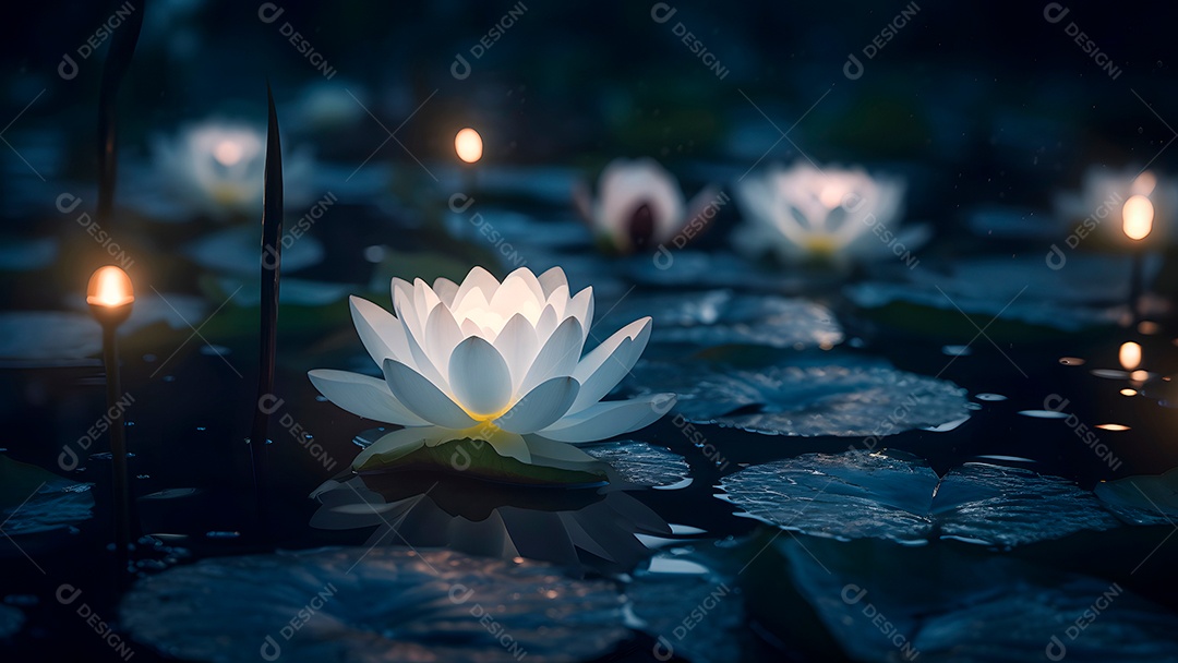 Ambiente zen - flor de lótus na superfície da água com efeito bokeh.