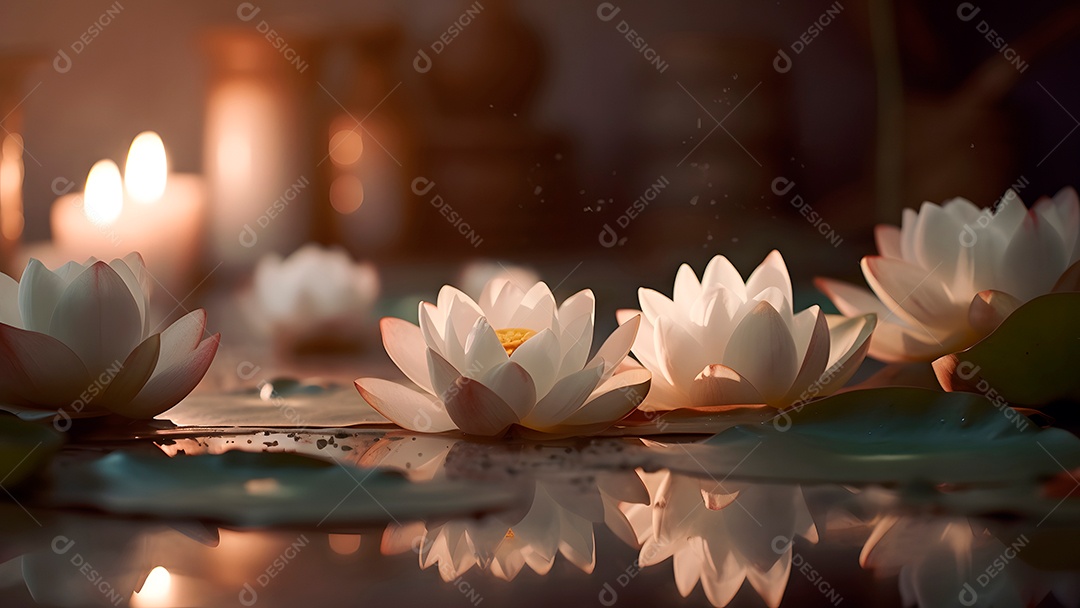 Ambiente zen - flor de lótus na superfície da água com efeito bokeh.