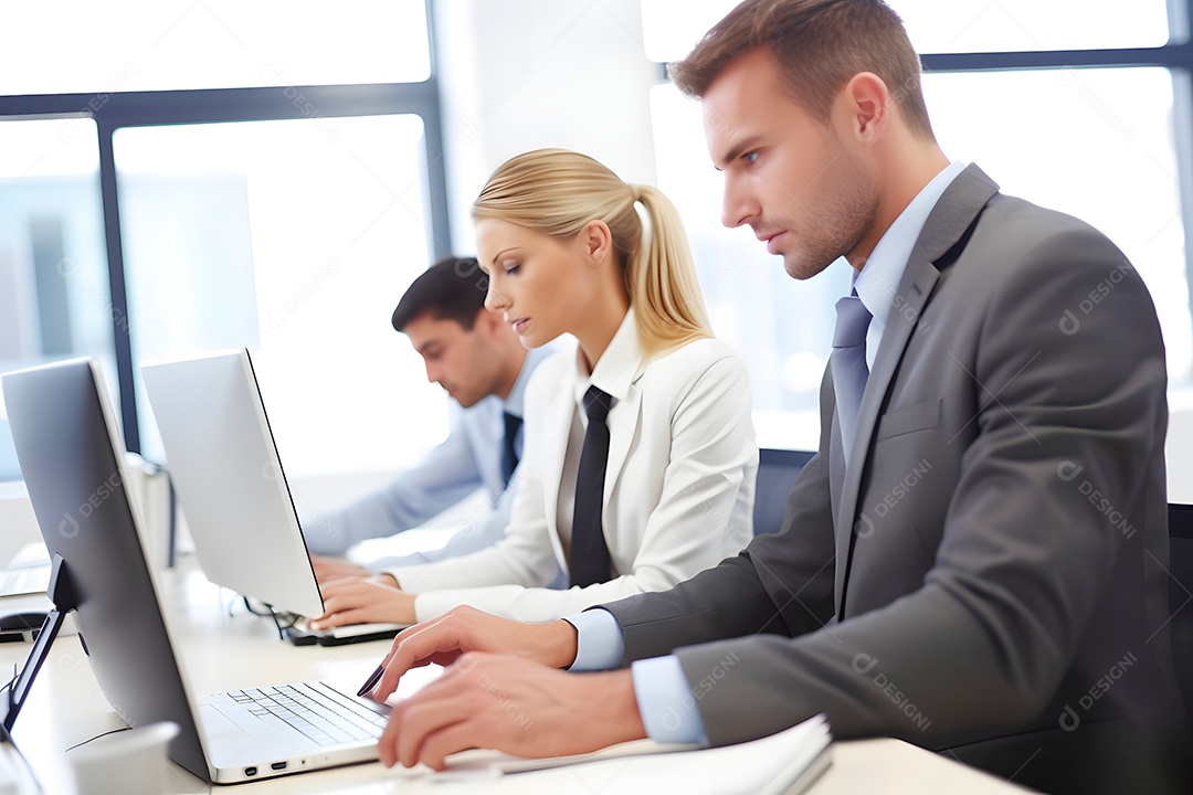 Pessoas de negócios usando laptop no escritório.