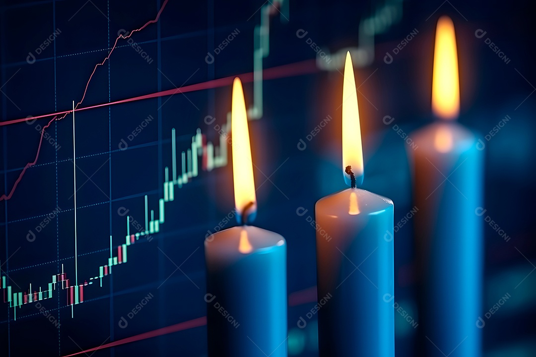 Gráfico financeiro com gráficos genéricos de velas de ativos voláteis.