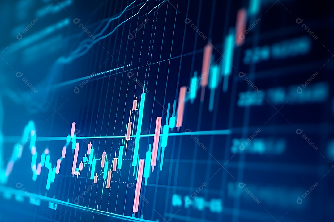 Gráfico financeiro com gráficos genéricos de velas de ativos voláteis.
