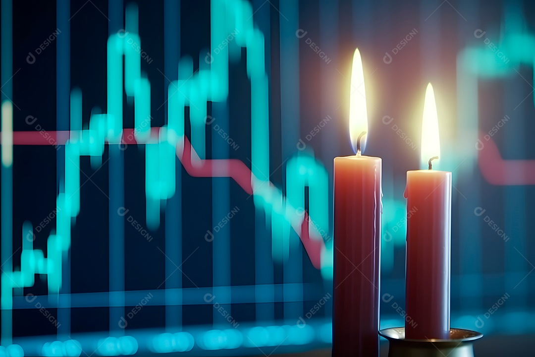 Gráfico financeiro com gráficos genéricos de velas de ativos voláteis.