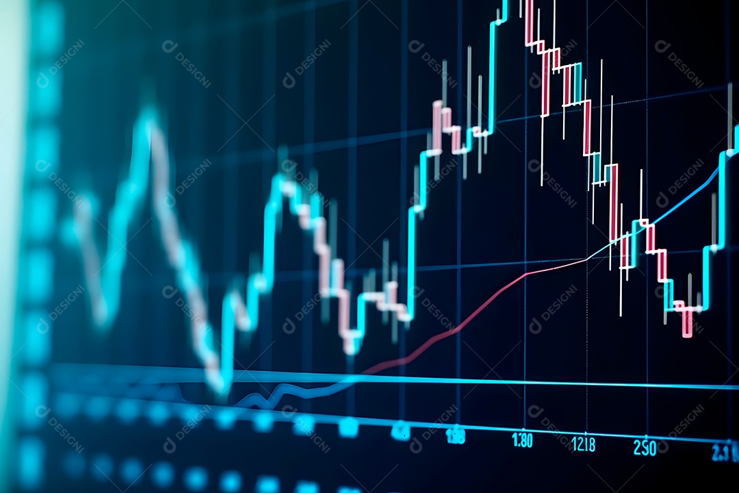 Gráfico financeiro com gráficos genéricos de velas de ativos voláteis.