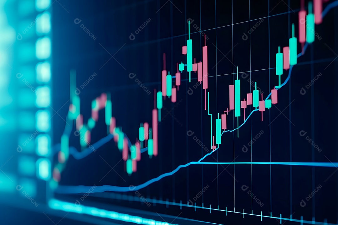 Gráfico financeiro com gráficos genéricos de velas de ativos voláteis.