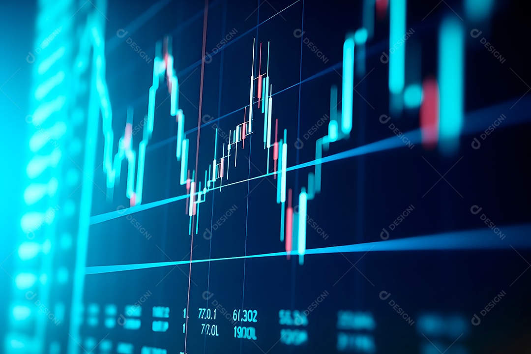 Gráfico financeiro com gráficos genéricos de velas de ativos voláteis.