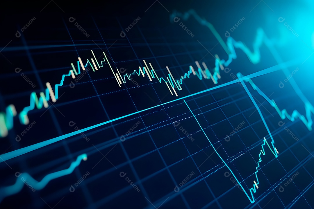 Gráfico financeiro com gráficos genéricos de velas de ativos voláteis.