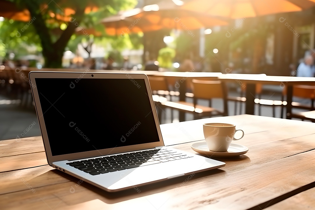 Laptop com tela em branco sobre uma mesa de café público em um dia de verão.