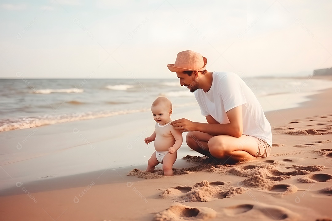 Dia dos Pais. Pai e filho brincando juntos na praia.