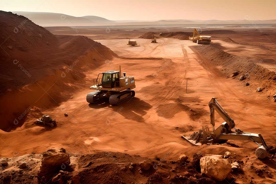 Canteiro de obras na superfície do planeta Marte.