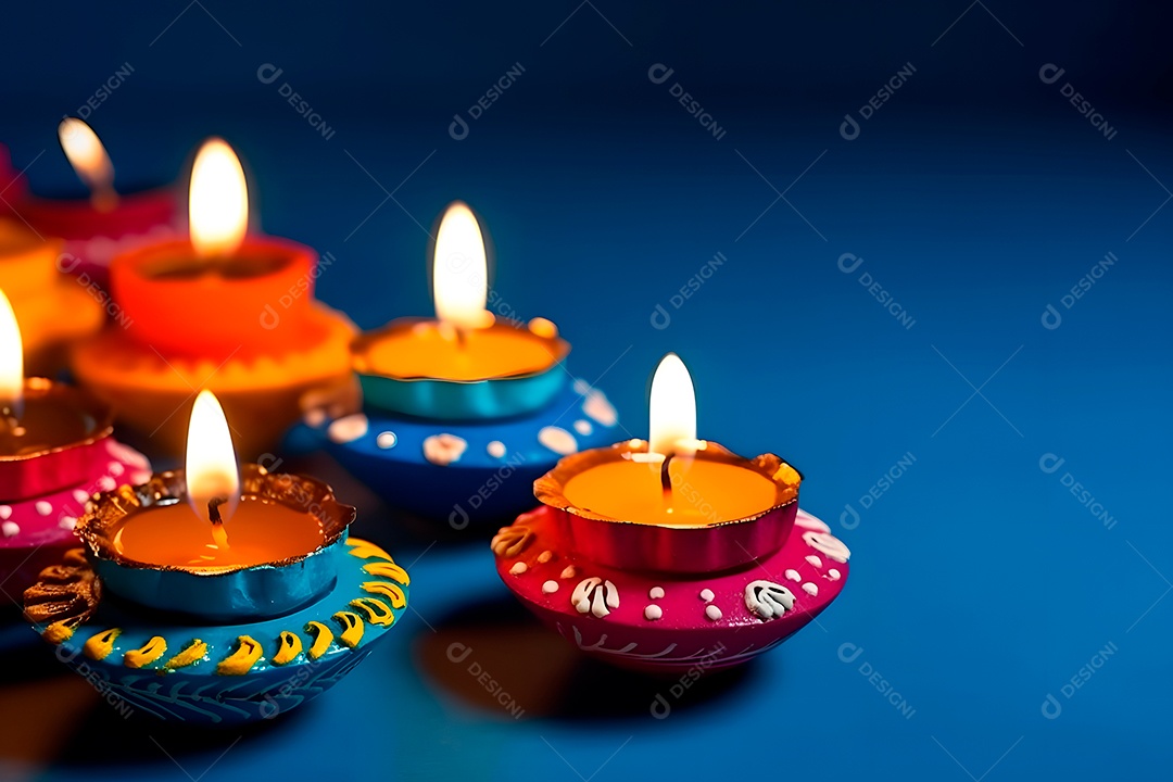 Feliz Diwali - Lâmpadas de argila Diya acesas sobre fundo azul durante a celebração do Diwali.