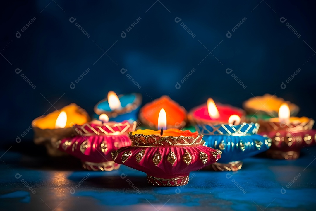 Feliz Diwali - Lâmpadas de argila Diya acesas sobre fundo azul durante a celebração do Diwali.