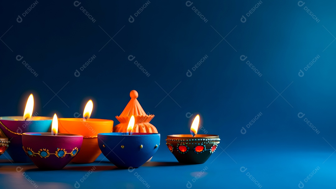 Feliz Diwali - Lâmpadas de argila Diya acesas sobre fundo azul durante a celebração do Diwali.
