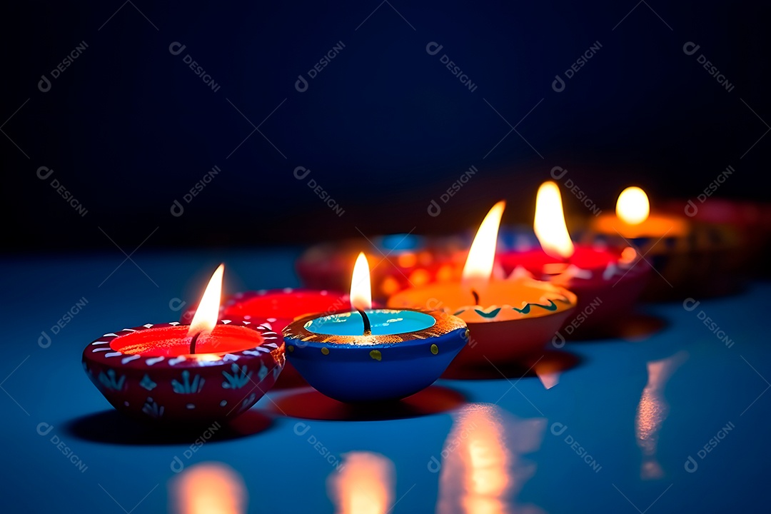 Feliz Diwali - Lâmpadas de argila Diya acesas sobre fundo azul durante a celebração do Diwali.