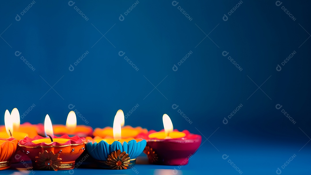Feliz Diwali - Lâmpadas de argila Diya acesas sobre fundo azul durante a celebração do Diwali.