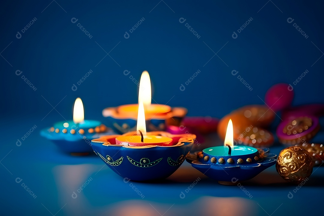 Feliz Diwali - Lâmpadas de argila Diya acesas sobre fundo azul durante a celebração do Diwali.
