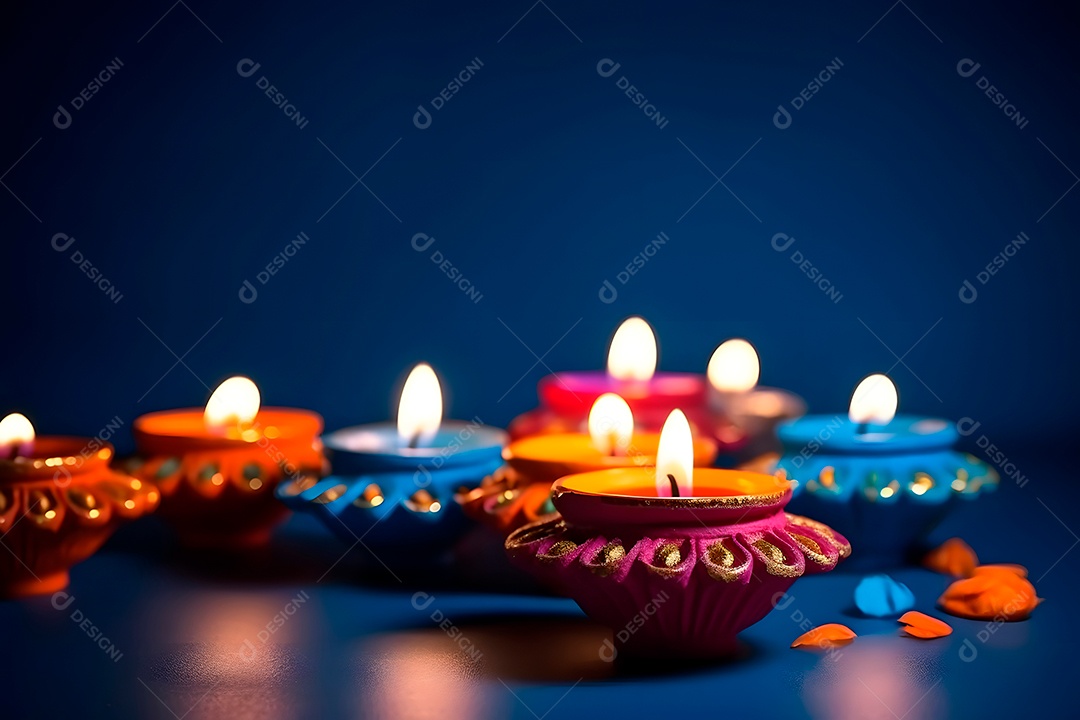 Feliz Diwali - Lâmpadas de argila Diya acesas sobre fundo azul durante a celebração do Diwali.