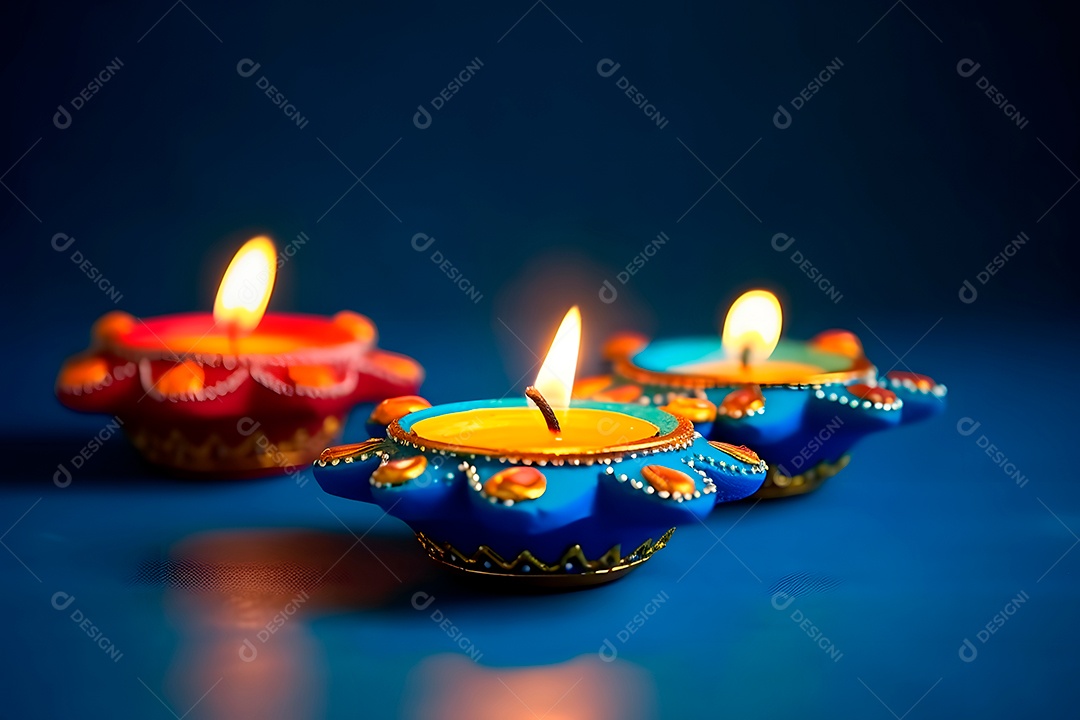 Feliz Diwali - Lâmpadas de argila Diya acesas sobre fundo azul durante a celebração do Diwali.