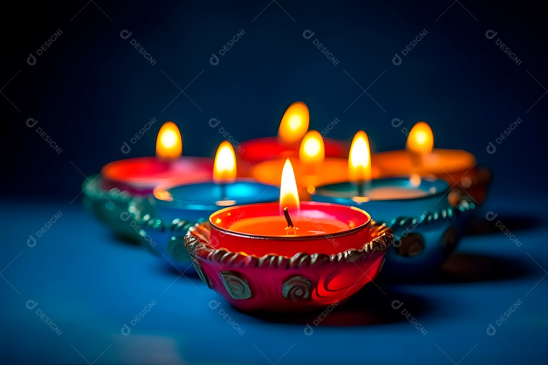 Feliz Diwali - Lâmpadas de argila Diya acesas sobre fundo azul durante a celebração do Diwali.
