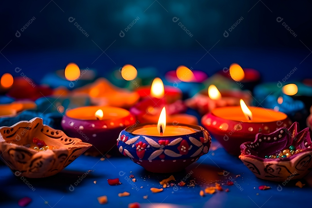 Feliz Diwali - Lâmpadas de argila Diya acesas sobre fundo azul durante a celebração do Diwali.