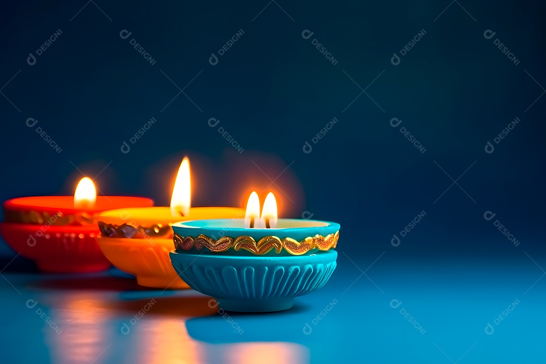 Feliz Diwali - Lâmpadas de argila Diya acesas sobre fundo azul durante a celebração do Diwali.